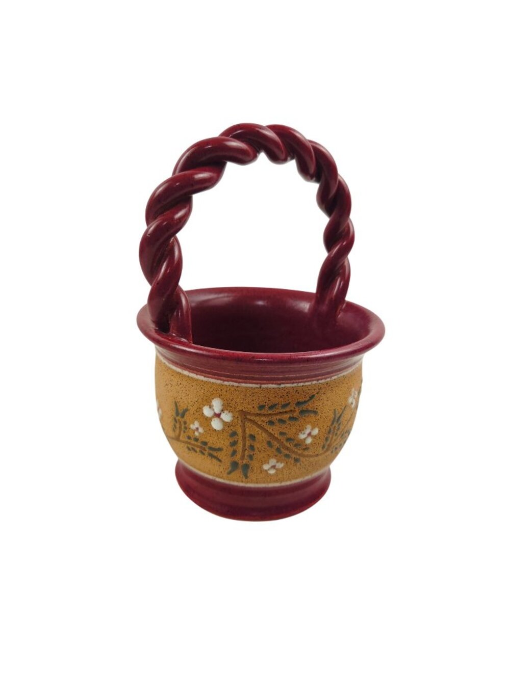 Handmade Ceramic Basket Twisted Braided Handle Floral Detailing Artist Signed